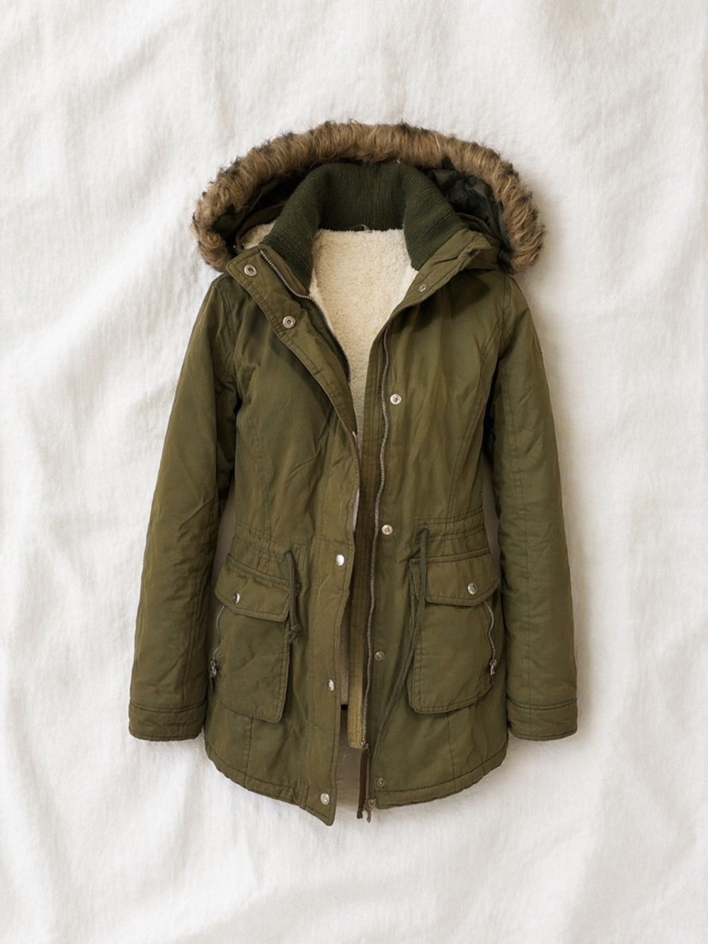 Hollister Olive Green Faux-Fur Trim Hooded Utility Jacket